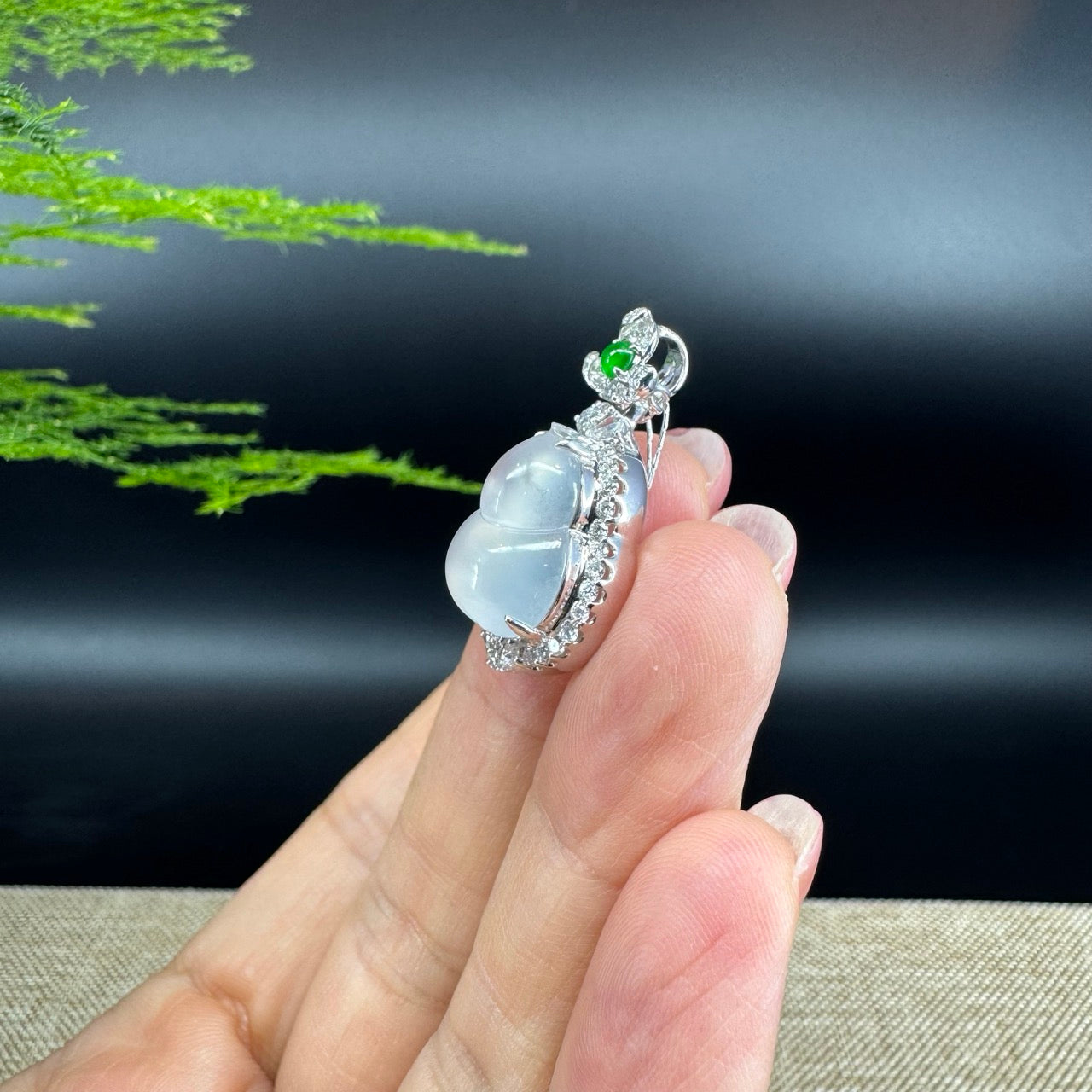 RealJade® Co. Genuine Icy Jadeite Jade Good Luck Hulu Bottle Gourd Necklace With 18K White Gold Bail
