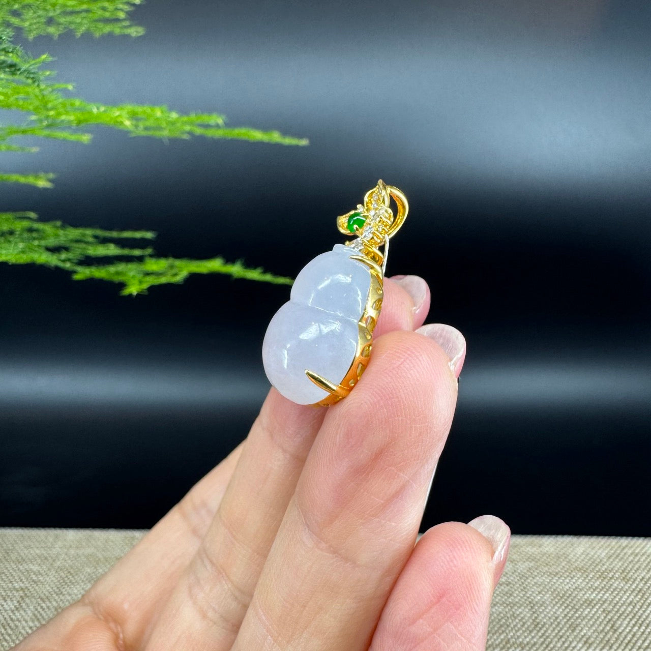 RealJade® Co. Genuine Icy Jadeite Jade Good Luck Hulu Necklace With 18K Yellow Gold Bail