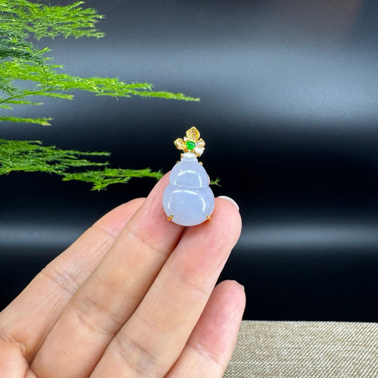 RealJade® Co. Genuine Light Lavender Jadeite Jade Good Luck Hulu Necklace With 18K Yellow Gold Bail