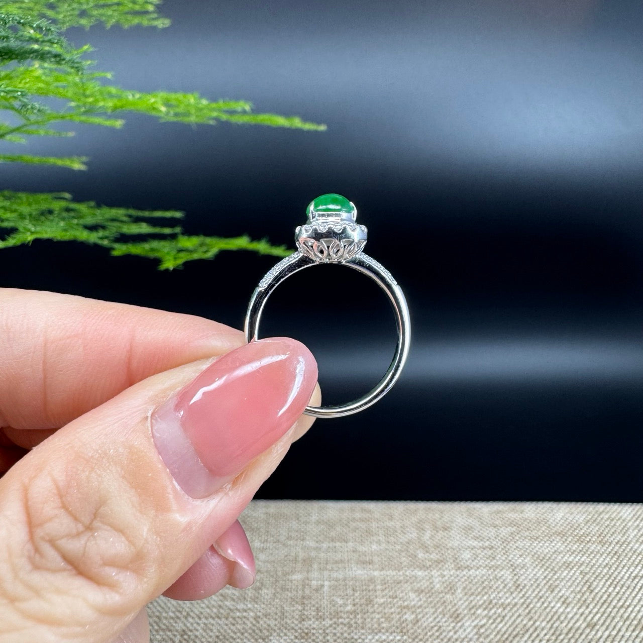 RealJade® "Amelie" 18k White Gold Natural Green Jadeite Hulu Ring With Diamonds