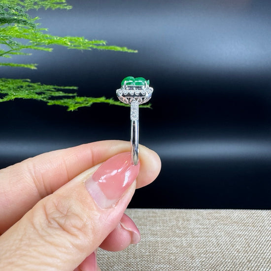 RealJade® "Amelie" 18k White Gold Natural Green Jadeite Hulu Ring With Diamonds