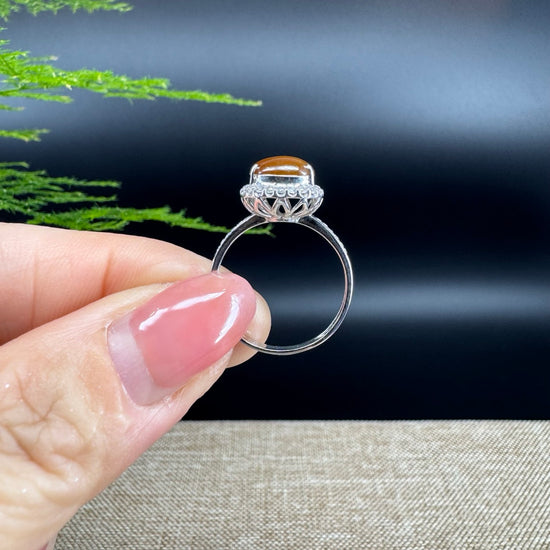 RealJade® "Amelie" 18k White Gold Natural Honey Yellow Jadeite Hulu Ring With Diamonds