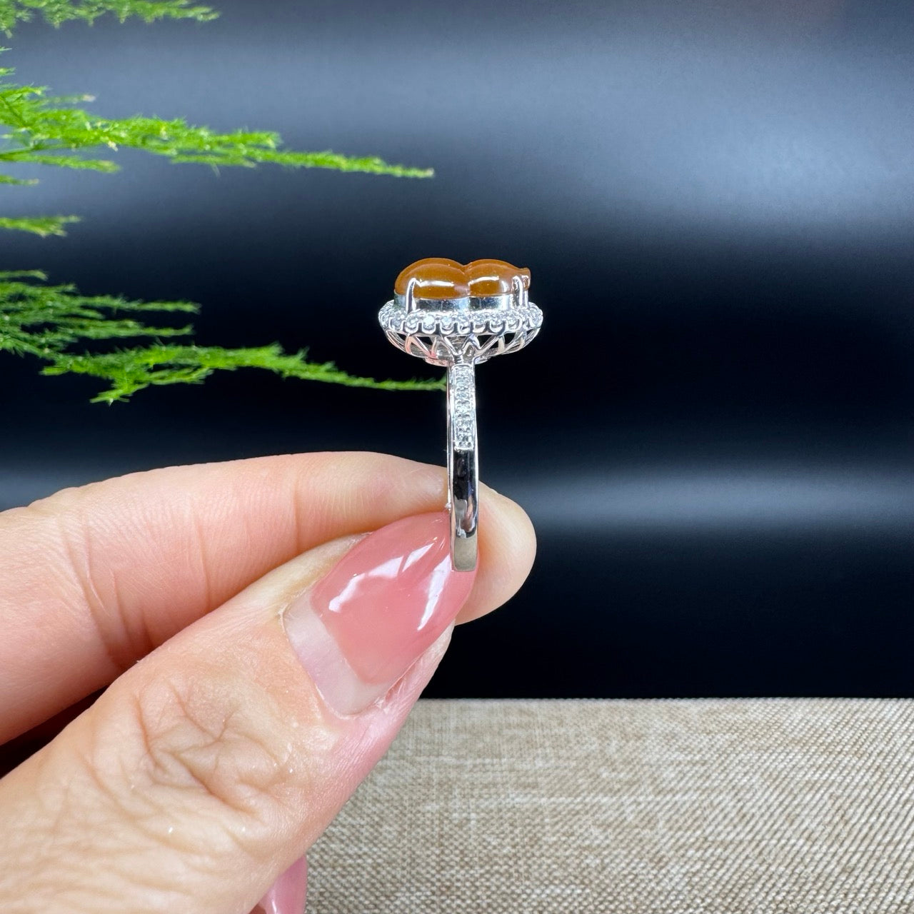 RealJade® "Amelie" 18k White Gold Natural Honey Yellow Jadeite Hulu Ring With Diamonds