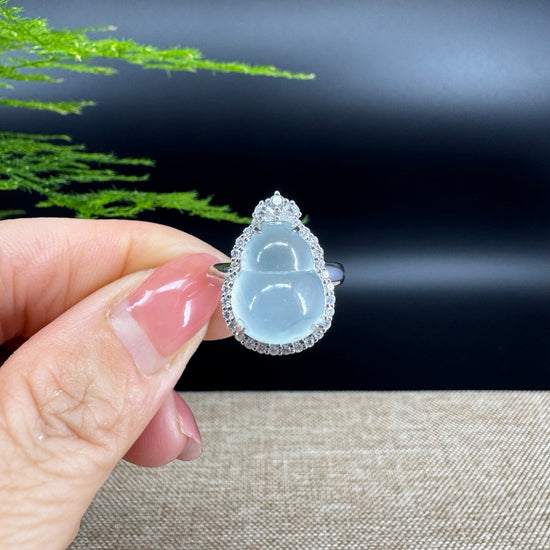 RealJade® "Amelie" 18k White Gold Natural Ice Jadeite Hulu Ring With Diamonds