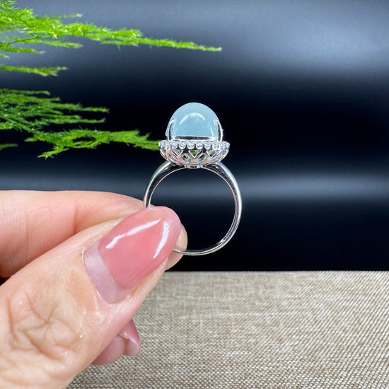 RealJade® "Amelie" 18k White Gold Natural Ice Jadeite Hulu Ring With Diamonds