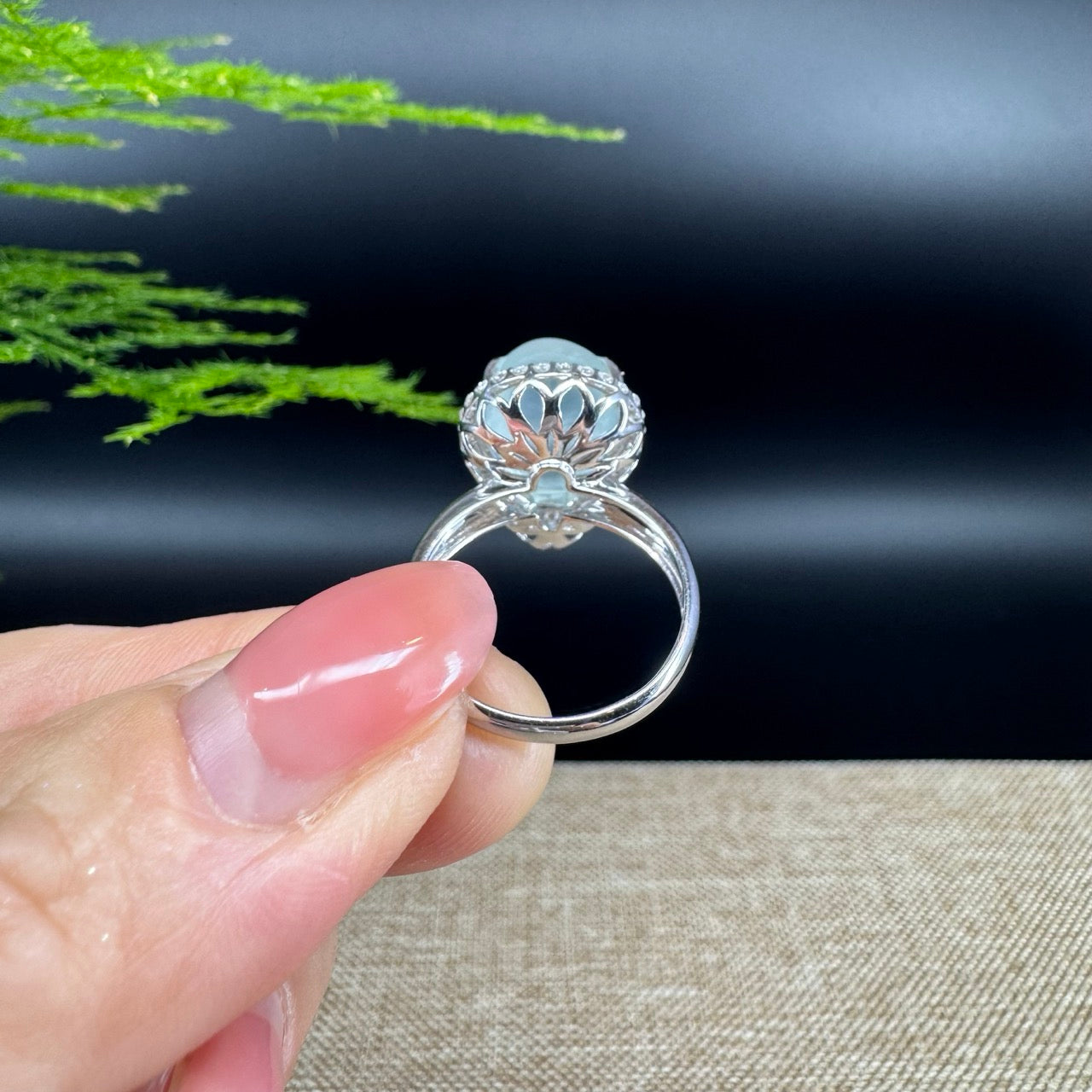 RealJade® "Amelie" 18k White Gold Natural Ice Jadeite Hulu Ring With Diamonds