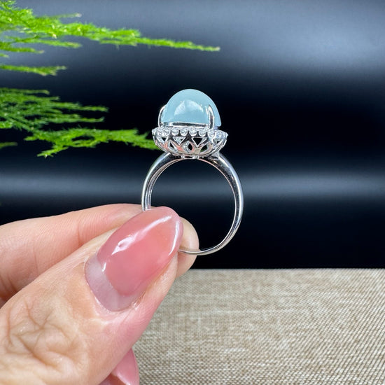 RealJade® "Amelie" 18k White Gold Natural Ice Jadeite Hulu Ring With Diamonds