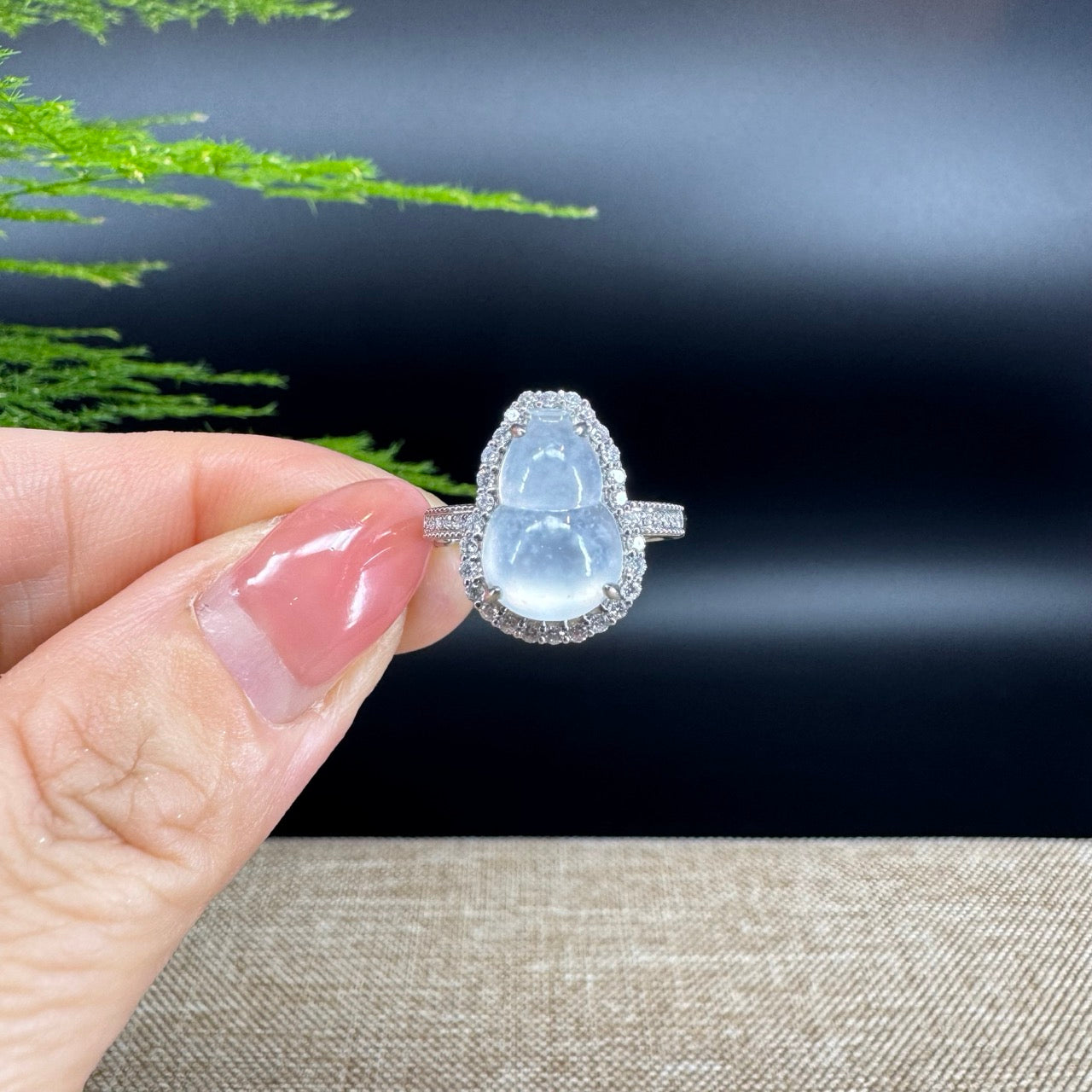 RealJade® "Amelie" 18k White Gold Natural Ice Jadeite Hulu Ring With Diamonds