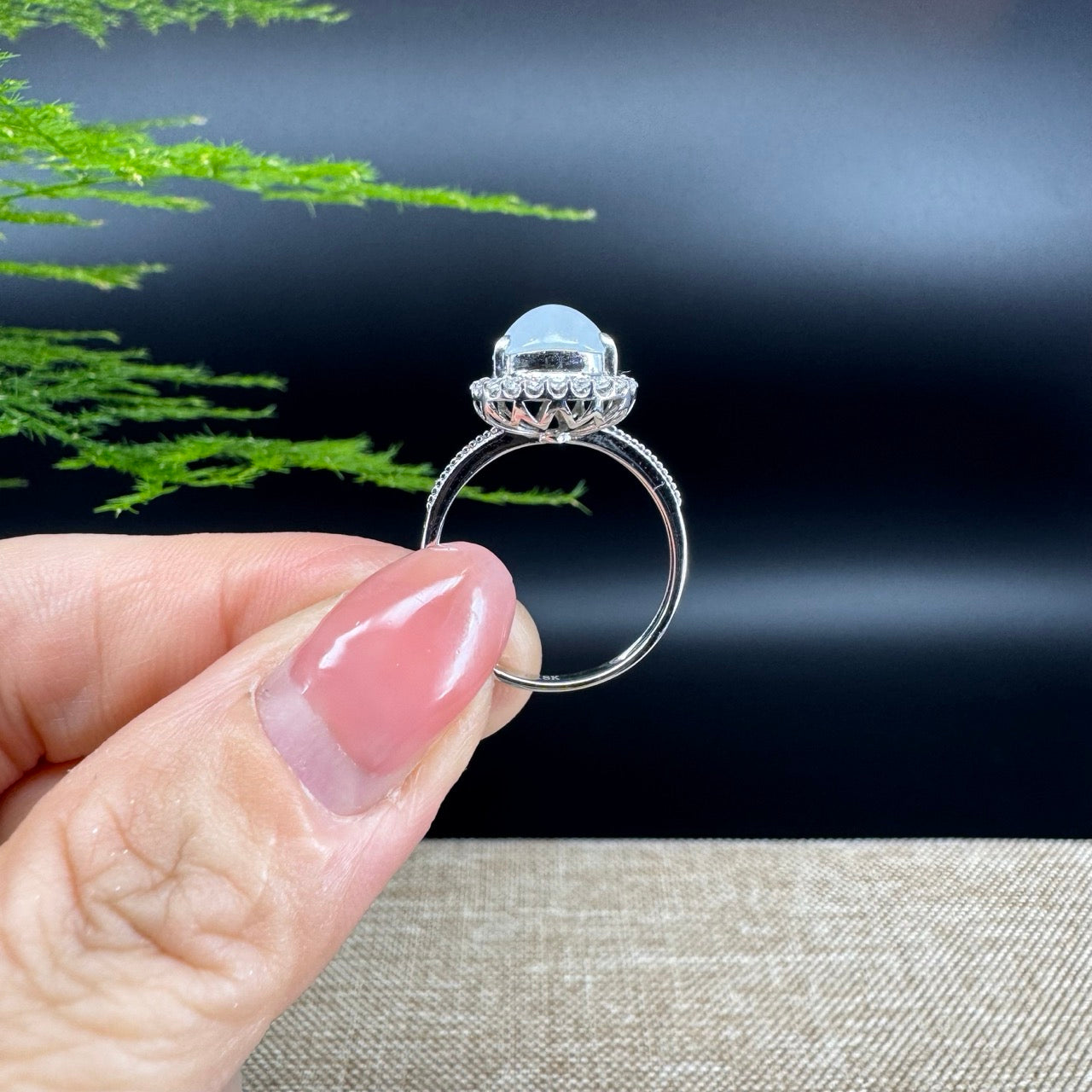 RealJade® "Amelie" 18k White Gold Natural Ice Jadeite Hulu Ring With Diamonds