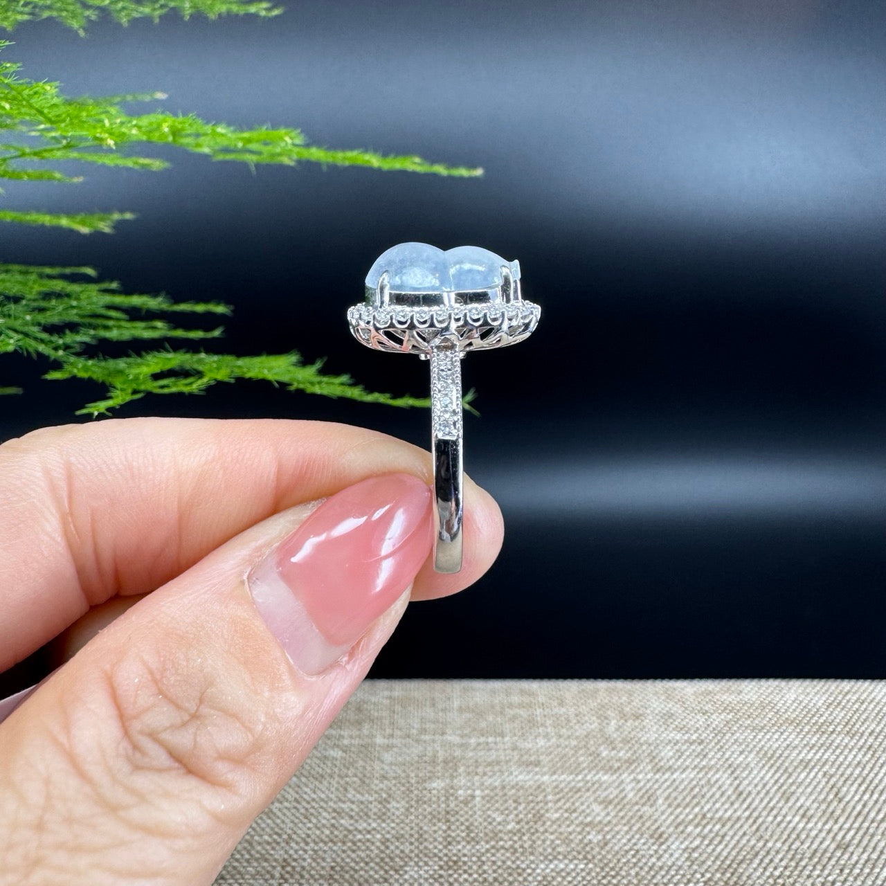 RealJade® "Amelie" 18k White Gold Natural Ice Jadeite Hulu Ring With Diamonds