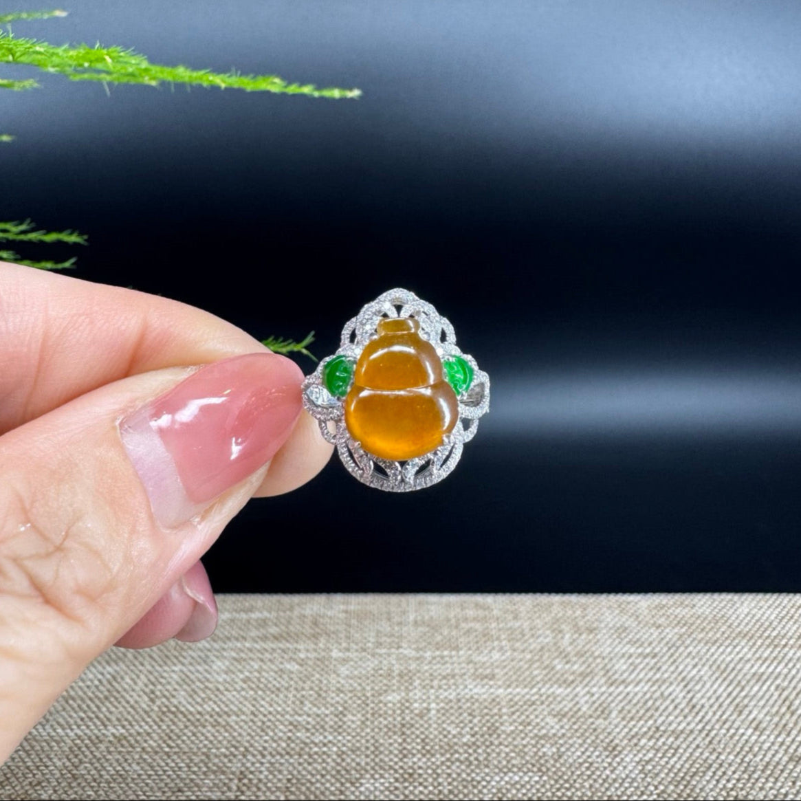 RealJade® "Amelie" 18k White Gold Natural Yellow Jadeite Hulu Ring With Diamonds