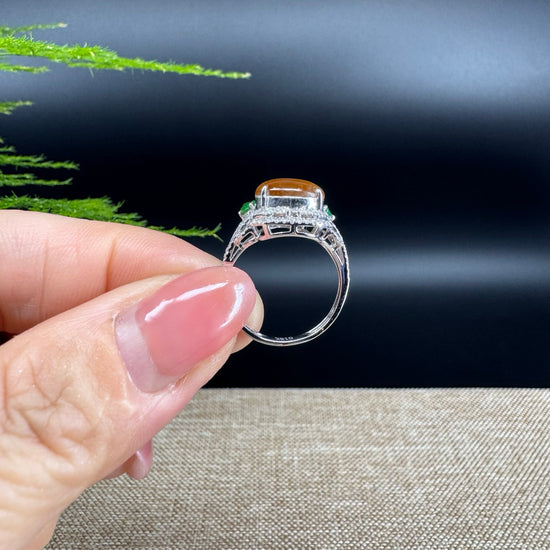 RealJade® "Amelie" 18k White Gold Natural Yellow Jadeite Hulu Ring With Diamonds