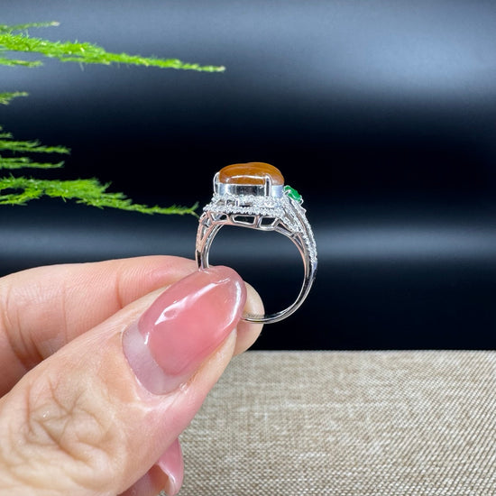 RealJade® "Amelie" 18k White Gold Natural Yellow Jadeite Hulu Ring With Diamonds