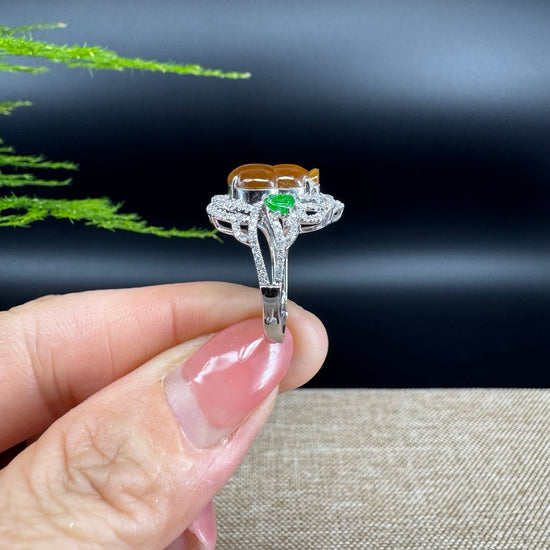 RealJade® "Amelie" 18k White Gold Natural Yellow Jadeite Hulu Ring With Diamonds