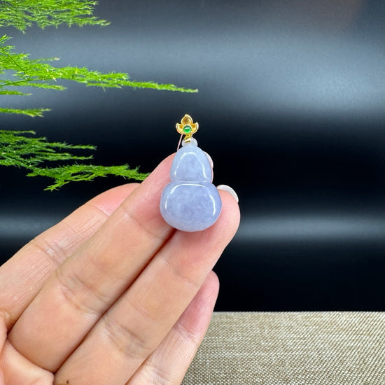 RealJade® Co. Genuine Lavender Jadeite Jade Good Luck Hulu Necklace With 18K Yellow Gold Bail