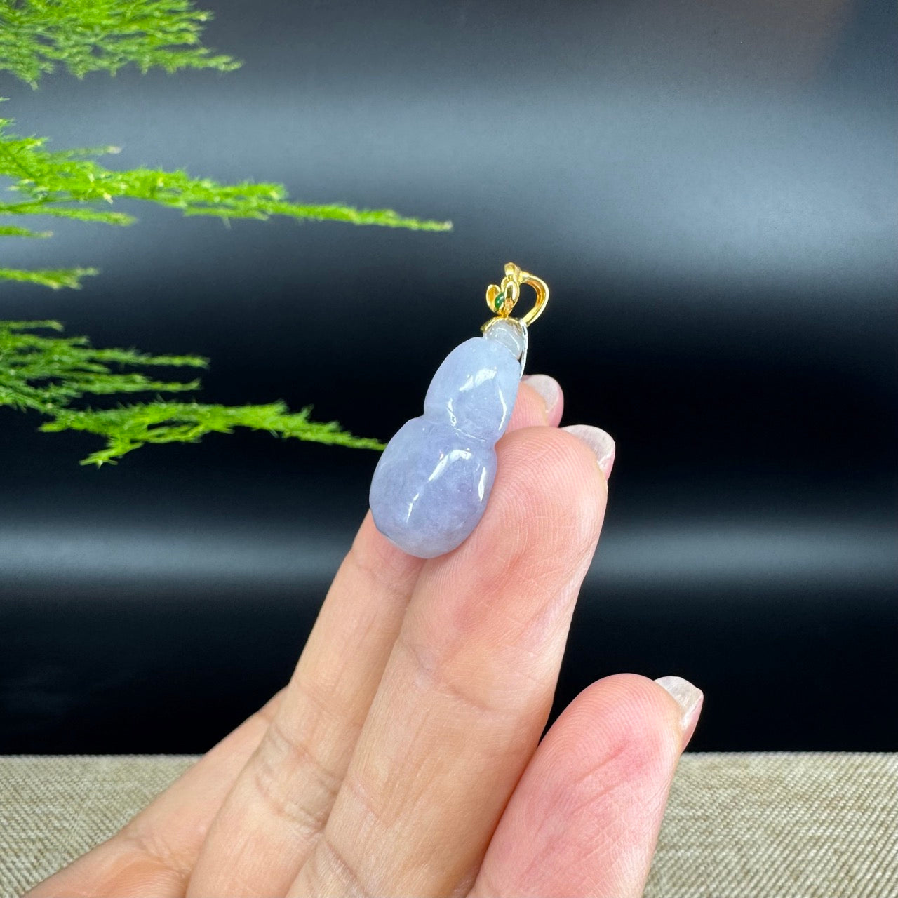 RealJade® Co. Genuine Lavender Jadeite Jade Good Luck Hulu Necklace With 18K Yellow Gold Bail