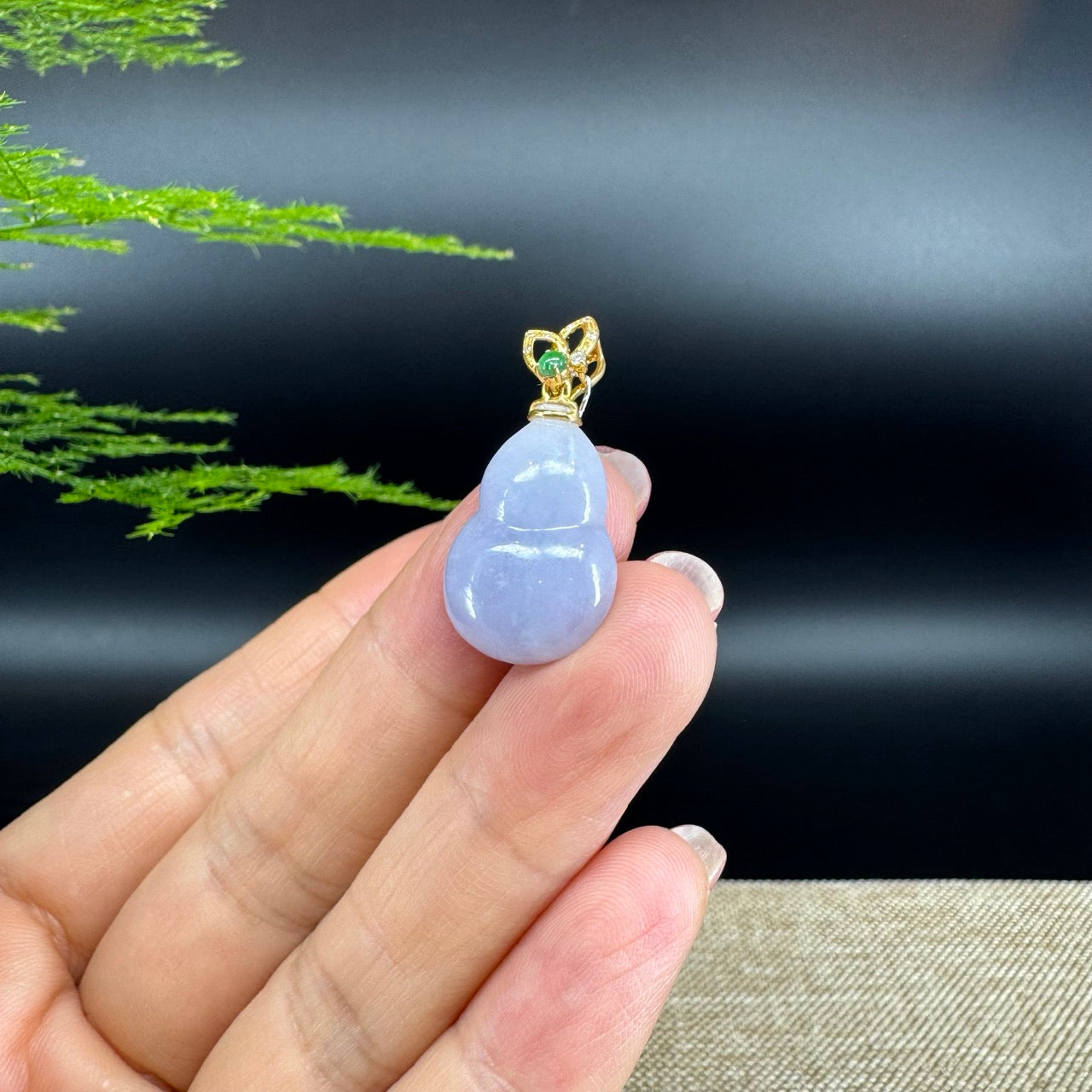 RealJade® Co. Genuine Lavender Jadeite Jade Good Luck Hulu Necklace With 18K Yellow Gold Bail