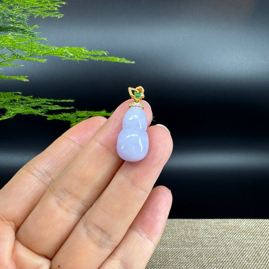 RealJade® Co. Genuine Lavender Jadeite Jade Good Luck Hulu Necklace With 18K Yellow Gold Bail
