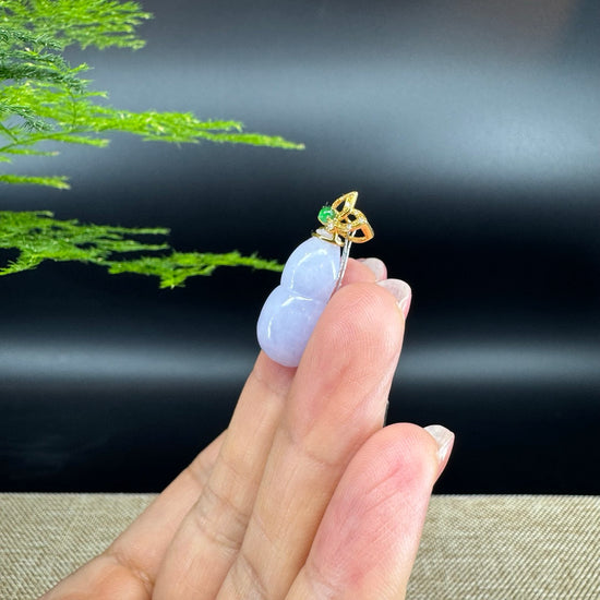 RealJade® Co. Genuine Lavender Jadeite Jade Good Luck Hulu Necklace With 18K Yellow Gold Bail