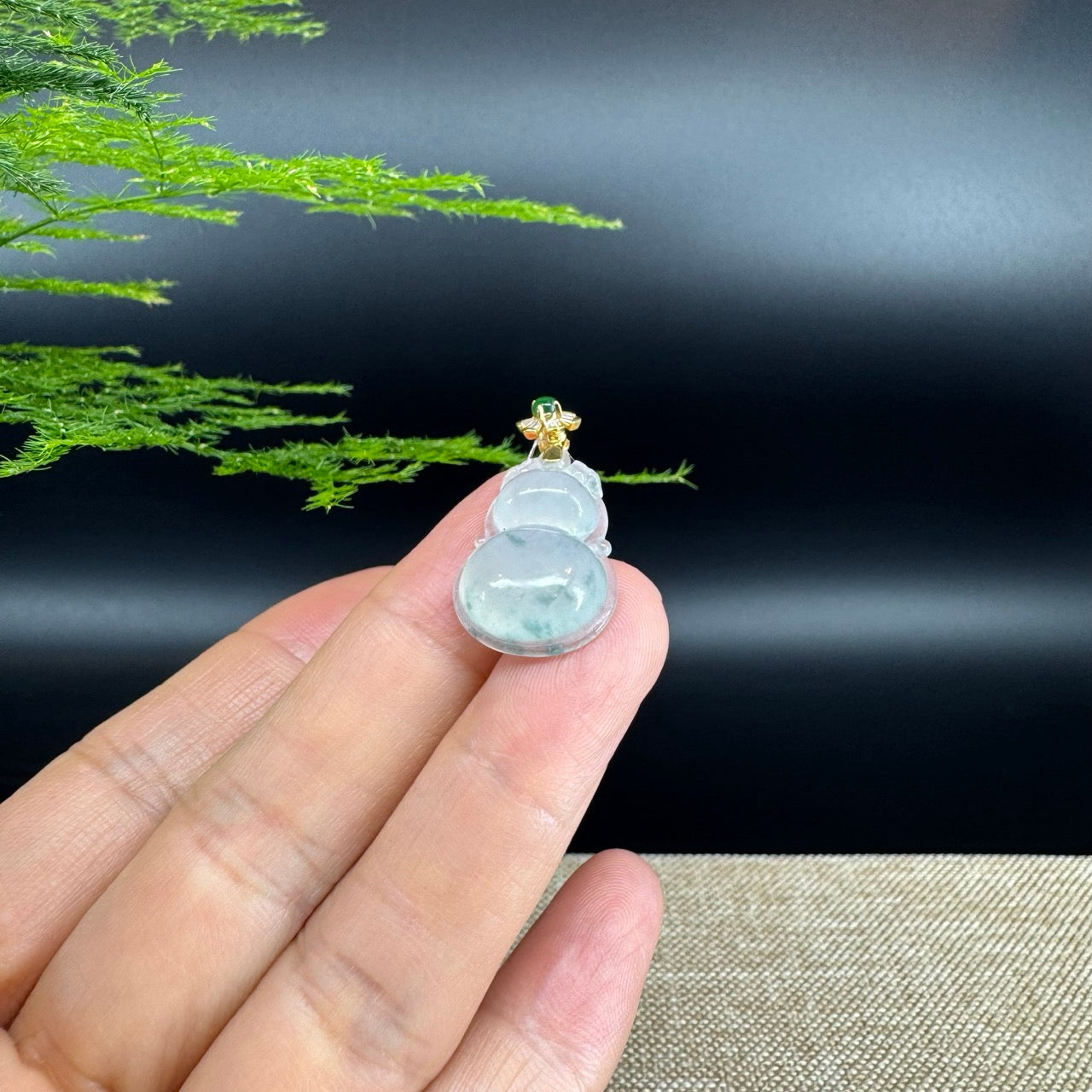 RealJade® Co. Genuine Icy green Jadeite Jade Good Luck Hulu Necklace With 18K Yellow Gold Bail