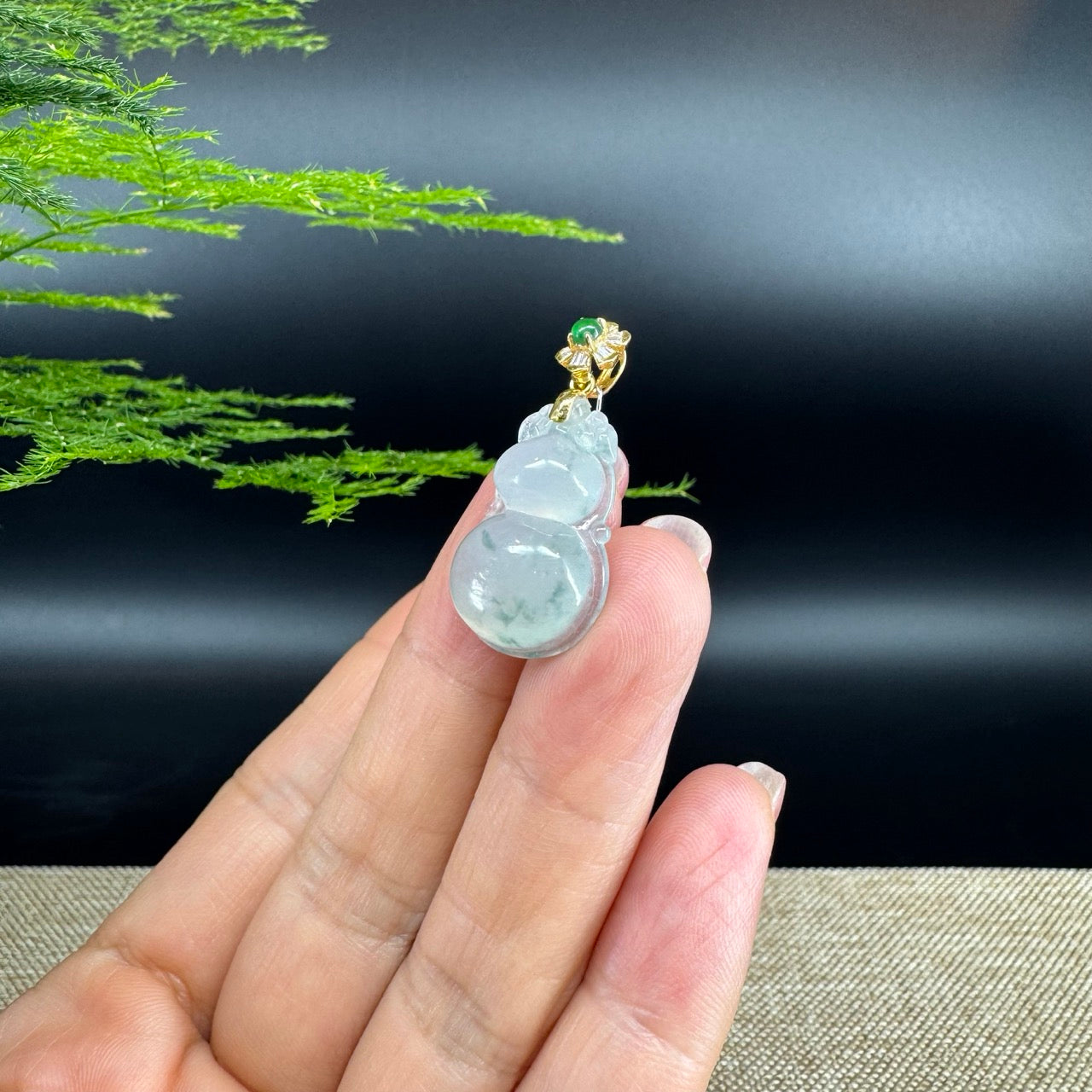 RealJade® Co. Genuine Icy green Jadeite Jade Good Luck Hulu Necklace With 18K Yellow Gold Bail