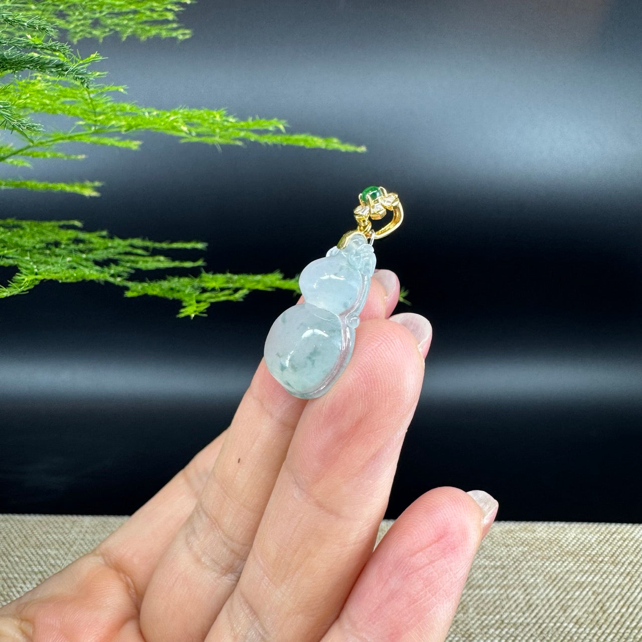 RealJade® Co. Genuine Icy green Jadeite Jade Good Luck Hulu Necklace With 18K Yellow Gold Bail