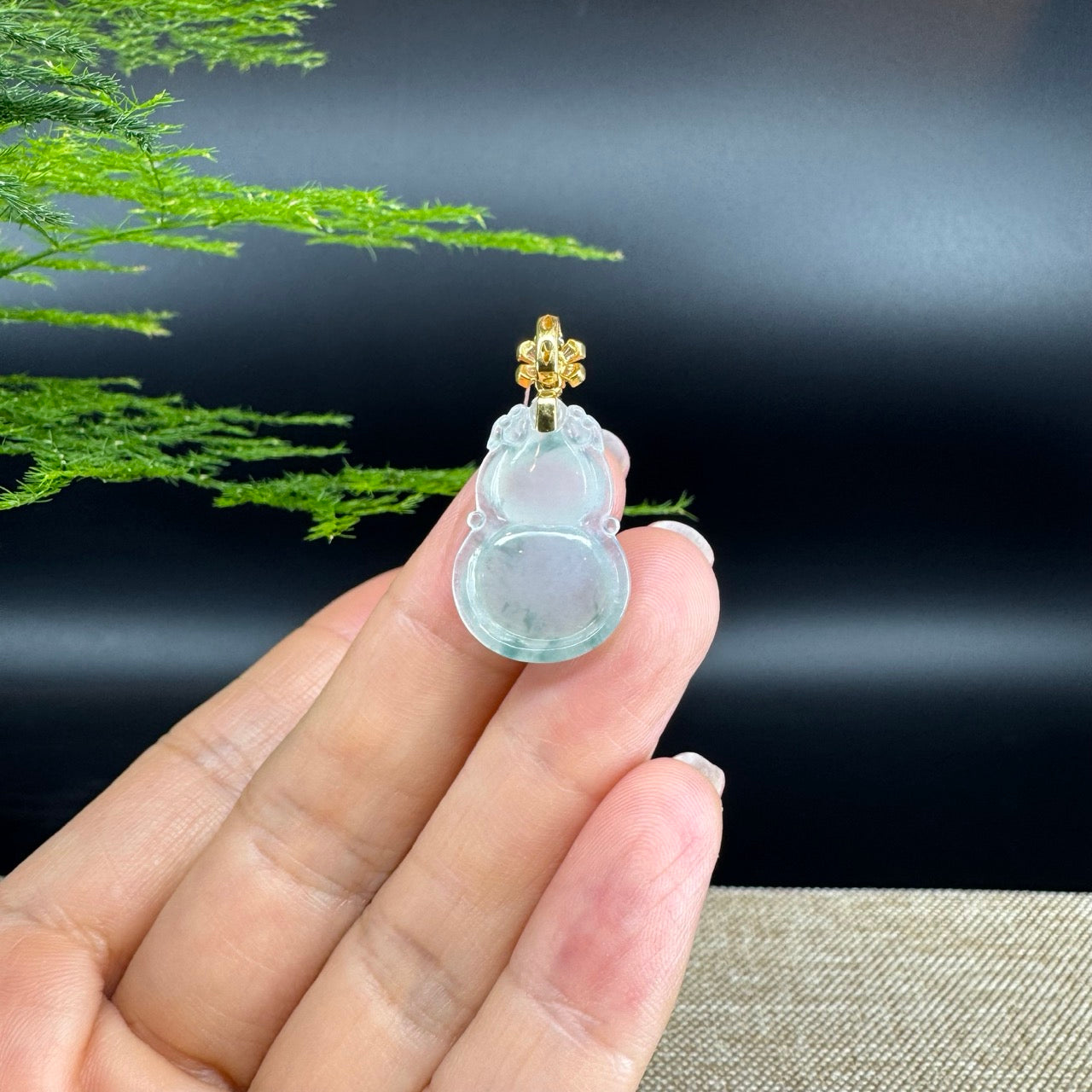 RealJade® Co. Genuine Icy green Jadeite Jade Good Luck Hulu Necklace With 18K Yellow Gold Bail