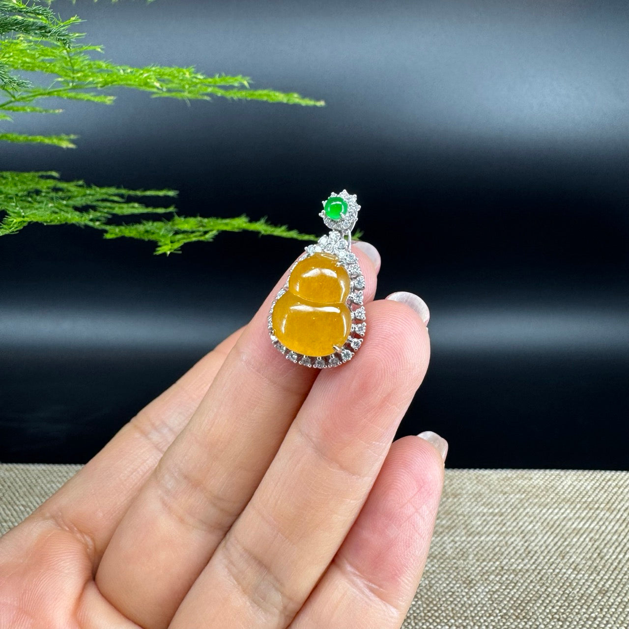 RealJade® Co. 18K White Gold Genuine Honey Yellow Jadeite Jade Hu Lu Necklace