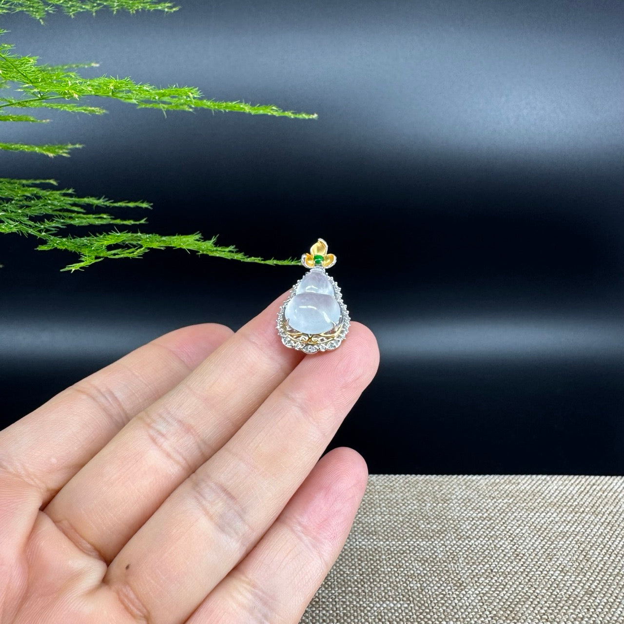 RealJade® Co. Genuine Icy Jadeite Jade Good Luck Hulu Bottle Gourd Necklace With 18K White Gold Bail