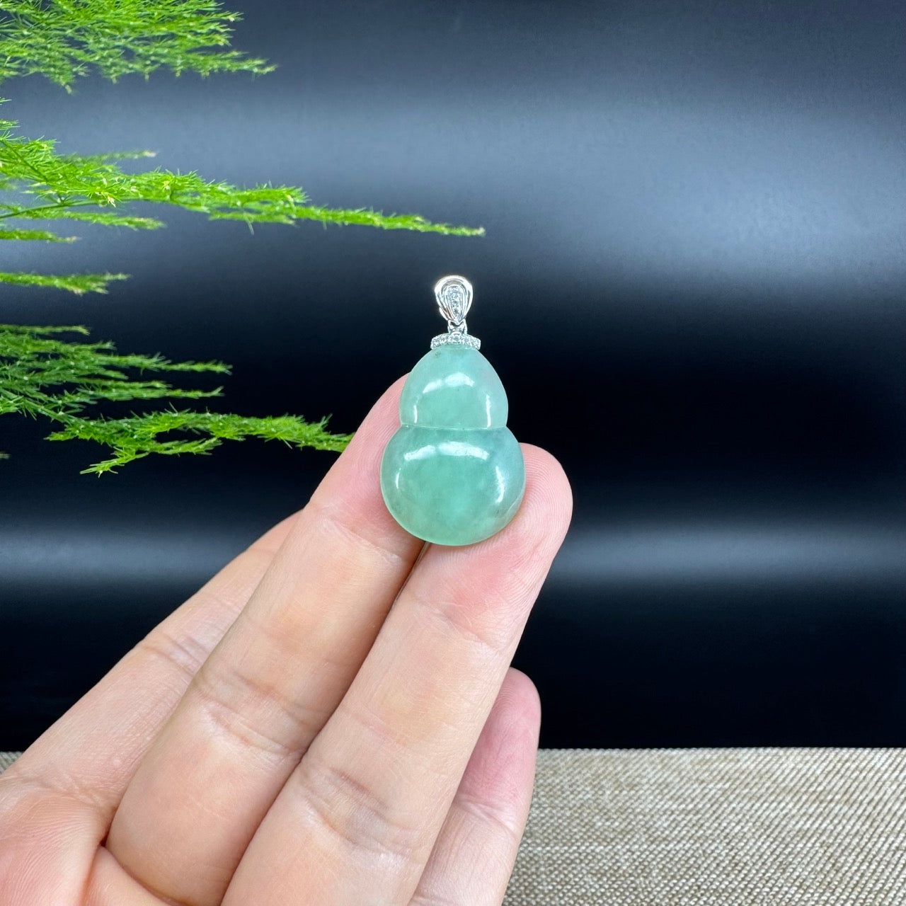 RealJade® Co. Genuine Green Jadeite Jade Good Luck Hulu Bottle Gourd Necklace With 18K White Gold Bail