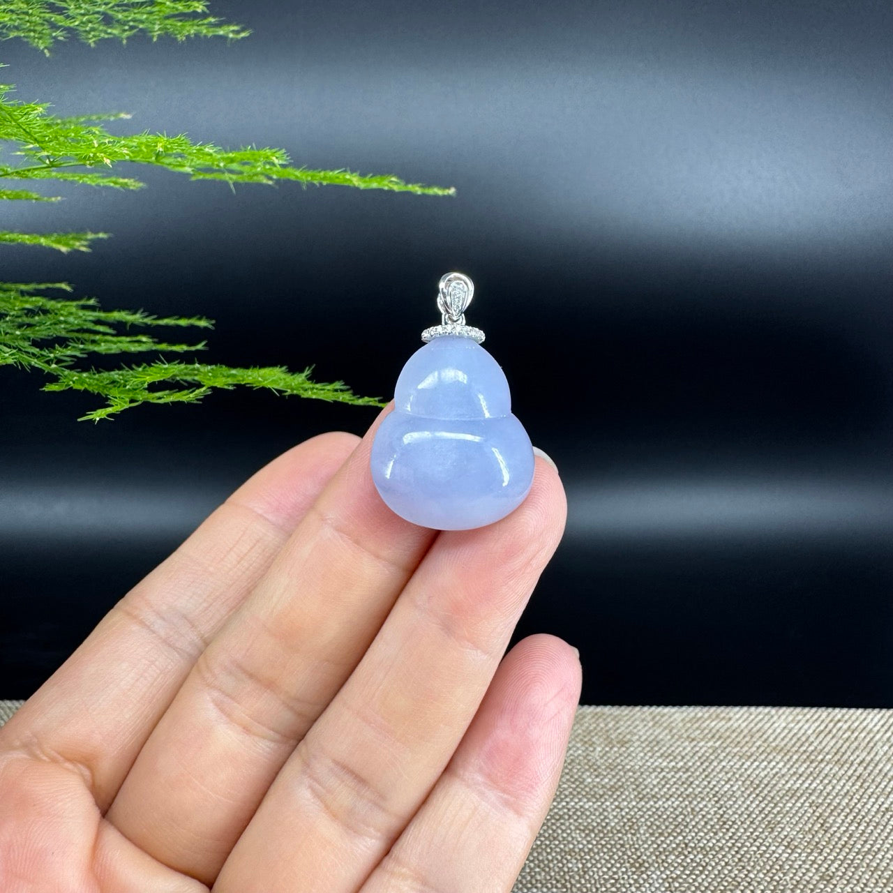 RealJade® Co. Genuine Lavender Jadeite Jade Good Luck Hulu Bottle Gourd Necklace With 18K White Gold Bail