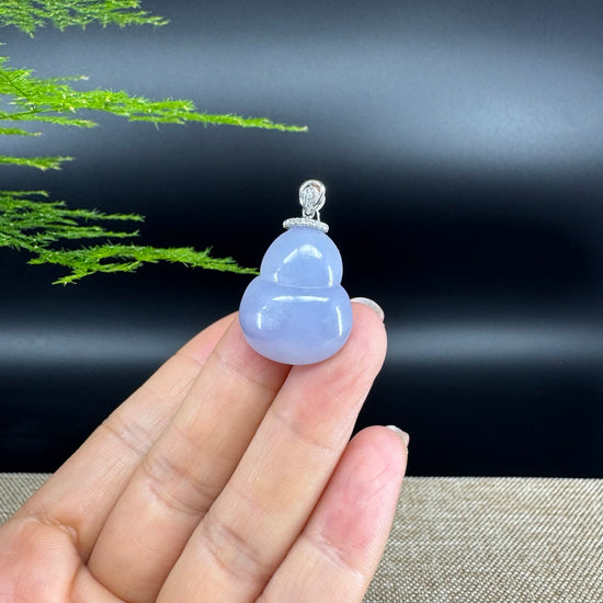 RealJade® Co. Genuine Lavender Jadeite Jade Good Luck Hulu Bottle Gourd Necklace With 18K White Gold Bail