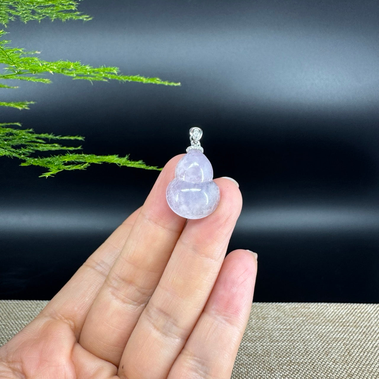 RealJade® Co. Genuine Lavender Jadeite Jade Good Luck Hulu Bottle Gourd Necklace With 18K White Gold Bail