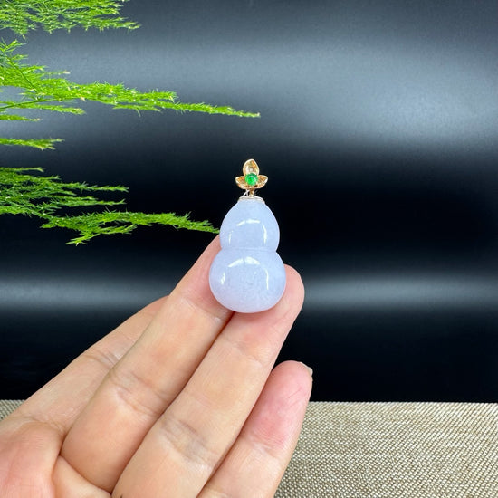 RealJade® Co. Genuine Lavender Jadeite Jade Good Luck Hulu Bottle Gourd Necklace With 18K Rose Gold Bail