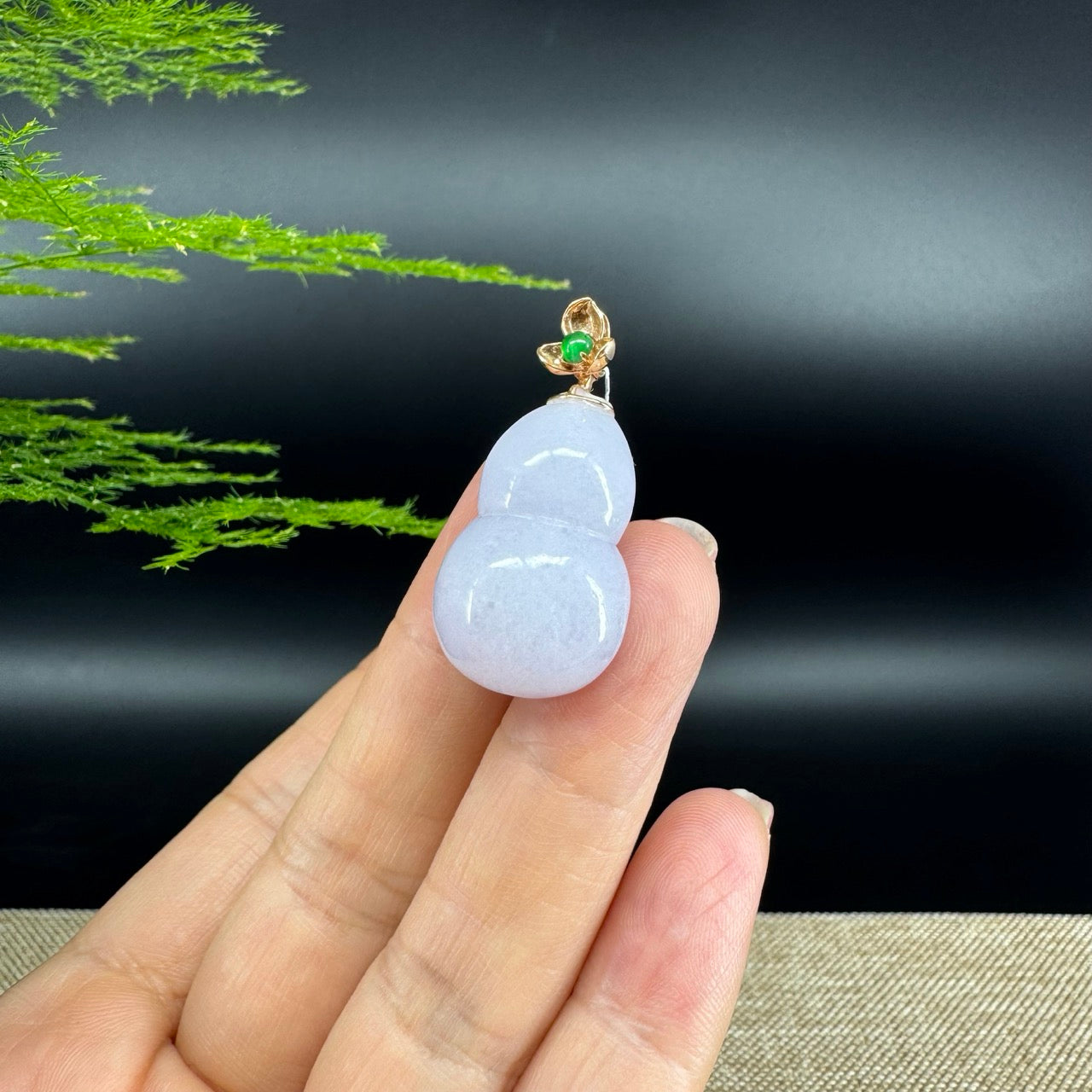 RealJade® Co. Genuine Lavender Jadeite Jade Good Luck Hulu Bottle Gourd Necklace With 18K Rose Gold Bail