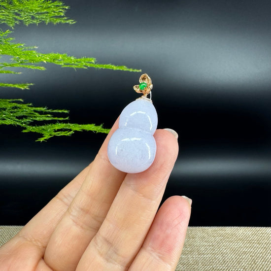 RealJade® Co. Genuine Lavender Jadeite Jade Good Luck Hulu Bottle Gourd Necklace With 18K Rose Gold Bail