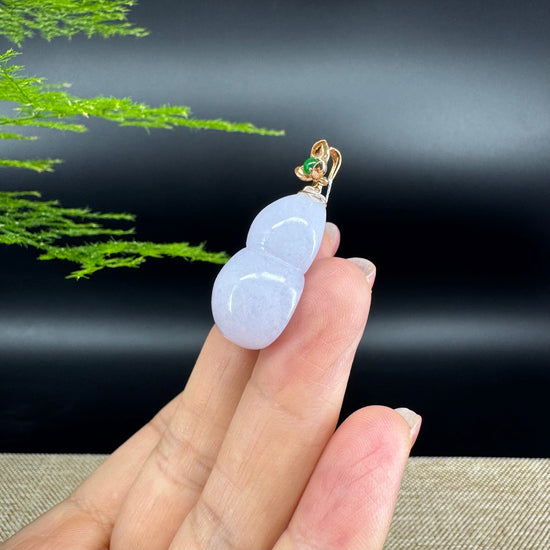 RealJade® Co. Genuine Lavender Jadeite Jade Good Luck Hulu Bottle Gourd Necklace With 18K Rose Gold Bail