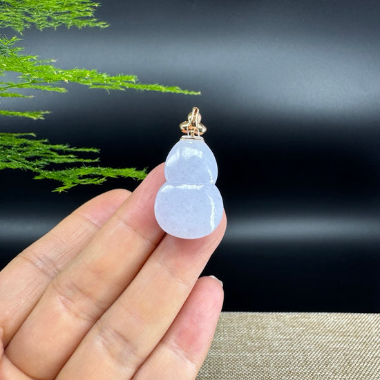 RealJade® Co. Genuine Lavender Jadeite Jade Good Luck Hulu Bottle Gourd Necklace With 18K Rose Gold Bail