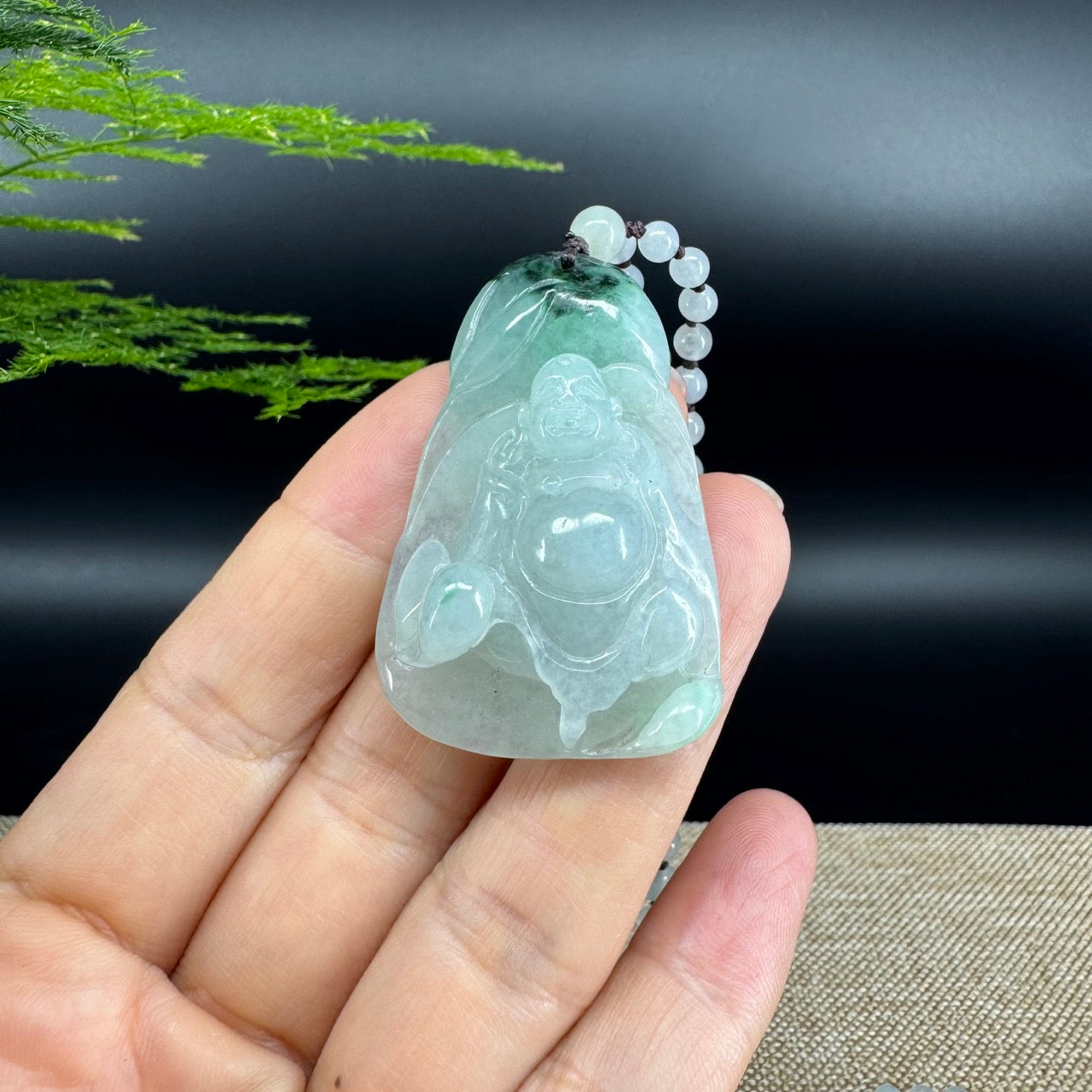 RealJade® Co.  Genuine Burmese Jadeite Jade Icy Green Happy Buddha Pendant Necklace