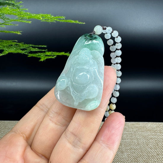 RealJade® Co.  Genuine Burmese Jadeite Jade Icy Green Happy Buddha Pendant Necklace
