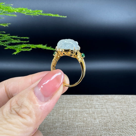 RealJade® "Signature Signet" 18K Yellow Gold Icy Jadeite Jade PiXiu Ring