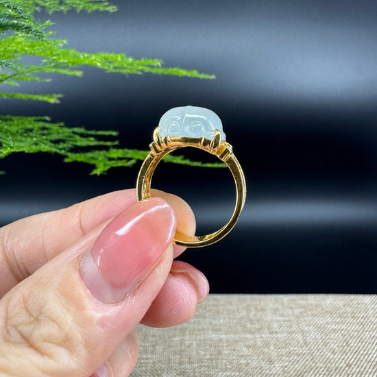 RealJade® "Signature Signet" 18K Yellow Gold Icy Jadeite Jade Diamonds PiXiu Ring