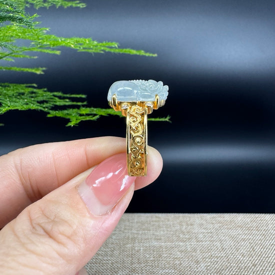 RealJade® "Signature Signet" 18K Yellow Gold Icy Jadeite Jade Diamonds PiXiu Ring