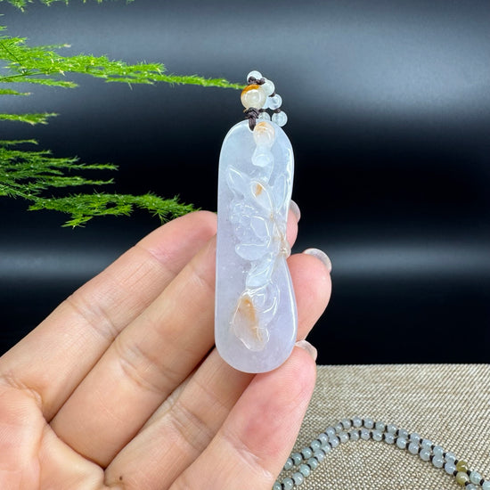 RealJade® Co. Genuine Burmese Yellow Lavender Jadeite Jade Lotus Flower Pendant Necklace