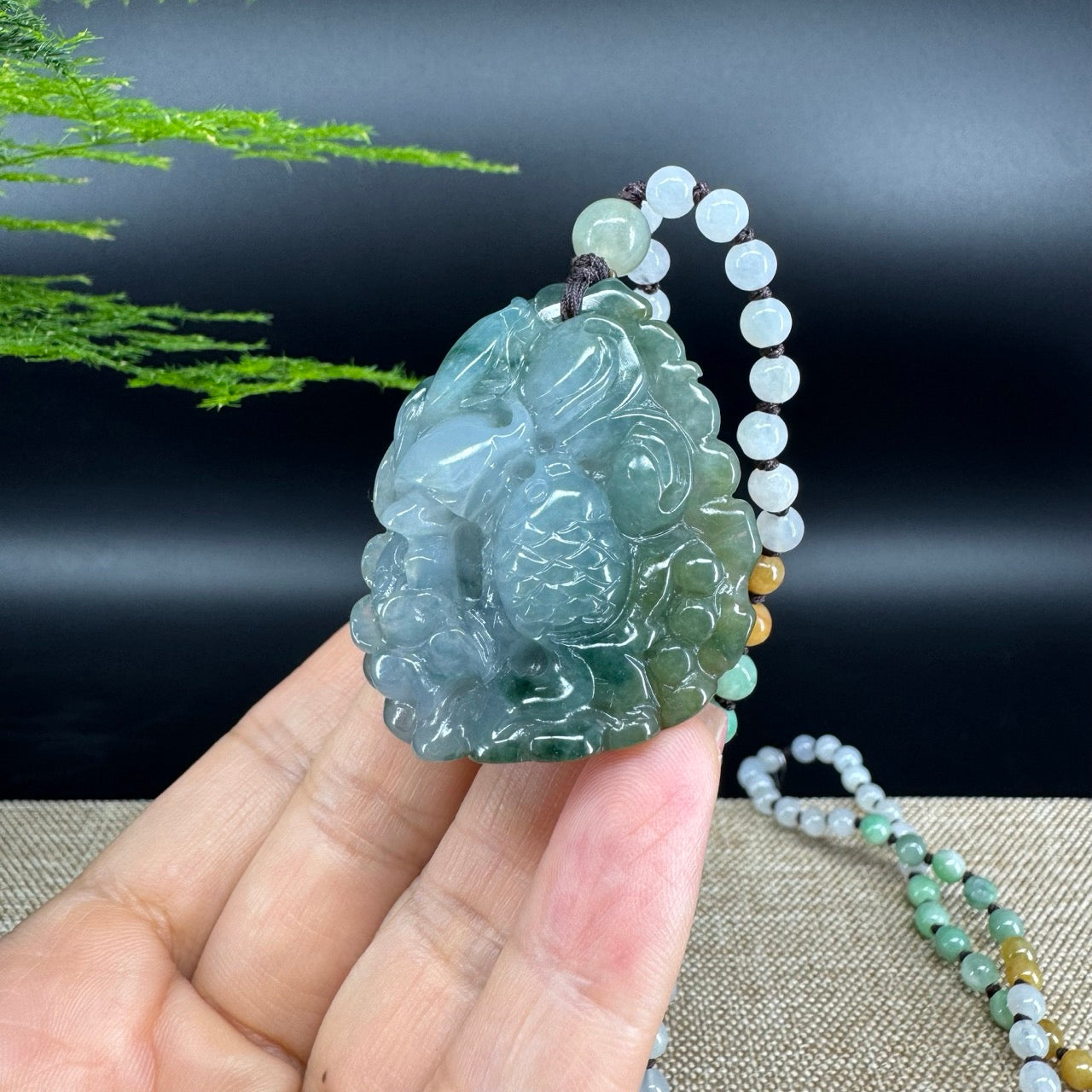 RealJade® Co.  Genuine Burmese Jadeite Jade  Fish and Lotus Pendant Necklace