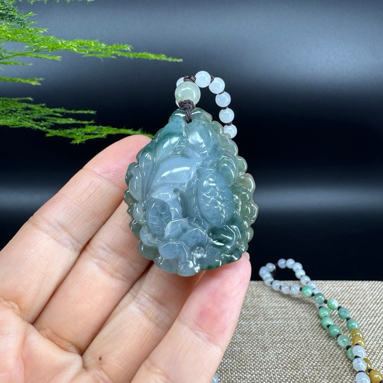 RealJade® Co.  Genuine Burmese Jadeite Jade  Fish and Lotus Pendant Necklace