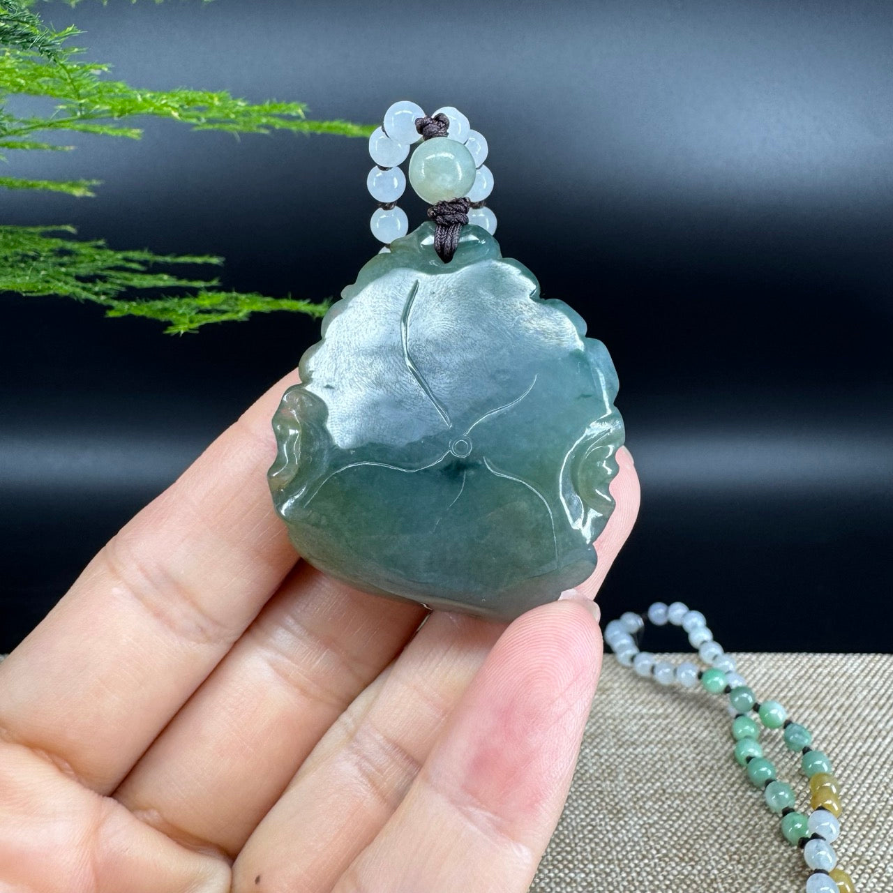 RealJade® Co.  Genuine Burmese Jadeite Jade  Fish and Lotus Pendant Necklace