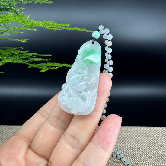 RealJade® Co.  Genuine Burmese Jadeite Jade  Fish and Lotus Pendant Necklace