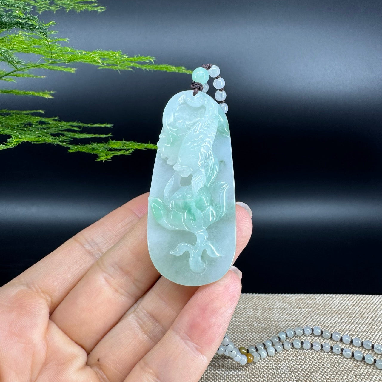 RealJade® Co.  Genuine Burmese Jadeite Jade  Fish and Lotus Pendant Necklace