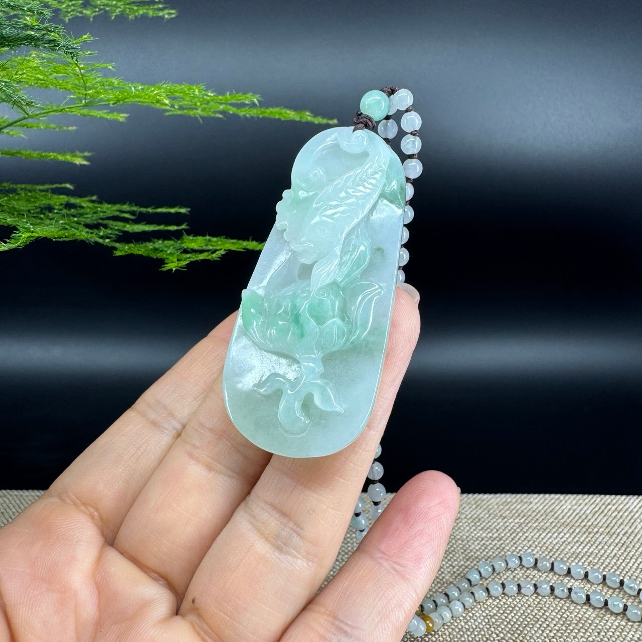 RealJade® Co.  Genuine Burmese Jadeite Jade  Fish and Lotus Pendant Necklace